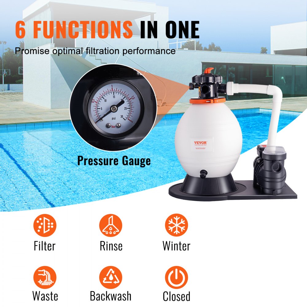 Sand Filter Pump for Above Ground Pools, 16-inch, 3500 GPH, 1 HP Swimming Pool Pumps System & Filters Combo Set with 6-Way Multi-Port Valve and Strainer Basket, for Domestic and Commercial Pools