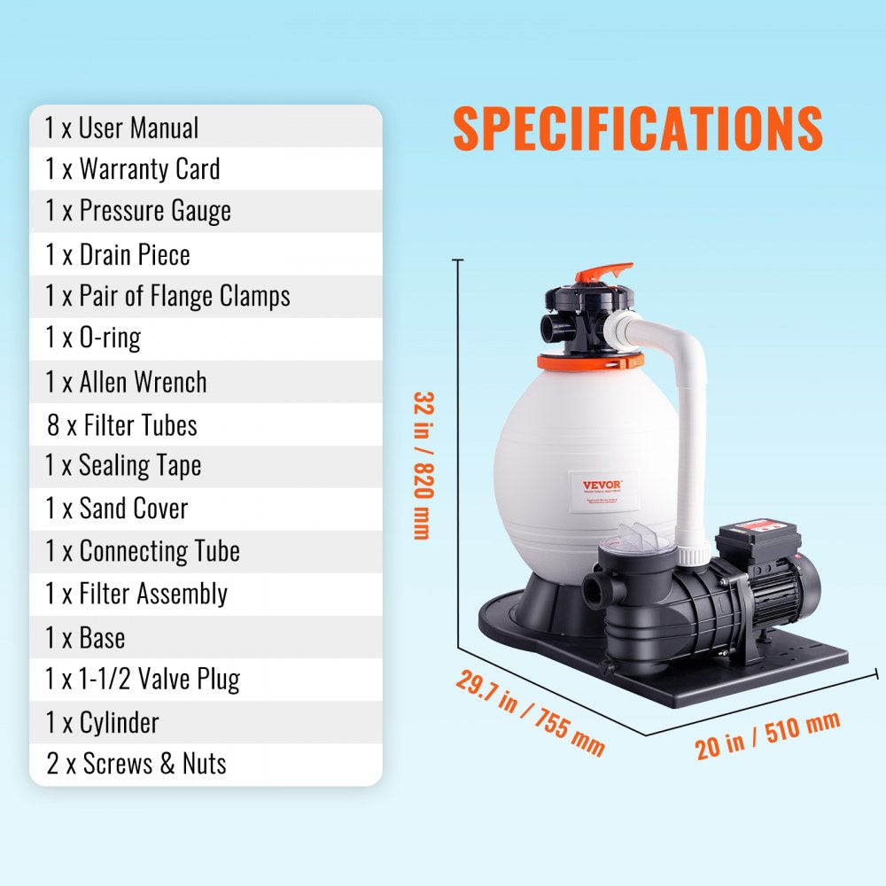 Sand Filter Pump for Above Ground Pools, 16-inch, 3500 GPH, 1 HP Swimming Pool Pumps System & Filters Combo Set with 6-Way Multi-Port Valve and Strainer Basket, for Domestic and Commercial Pools