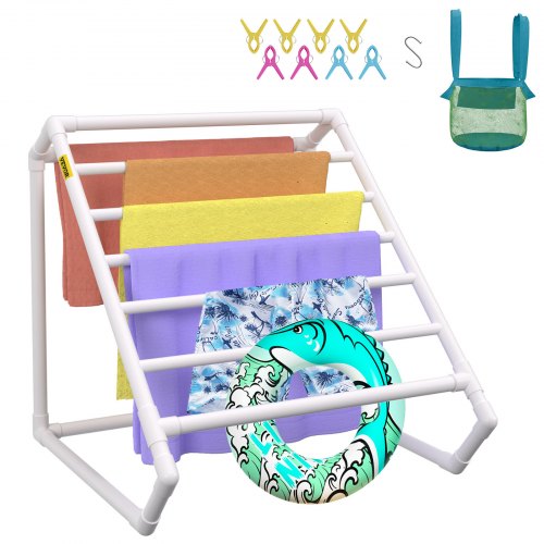 White PVC triangular pool towel rack with 8 bars holding colorful towels and a float.