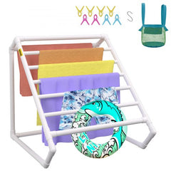 White PVC triangular pool towel rack with 8 bars holding colorful towels and a float.