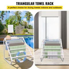 White PVC triangular towel rack with 8 bars, holding towels by a pool and indoors.