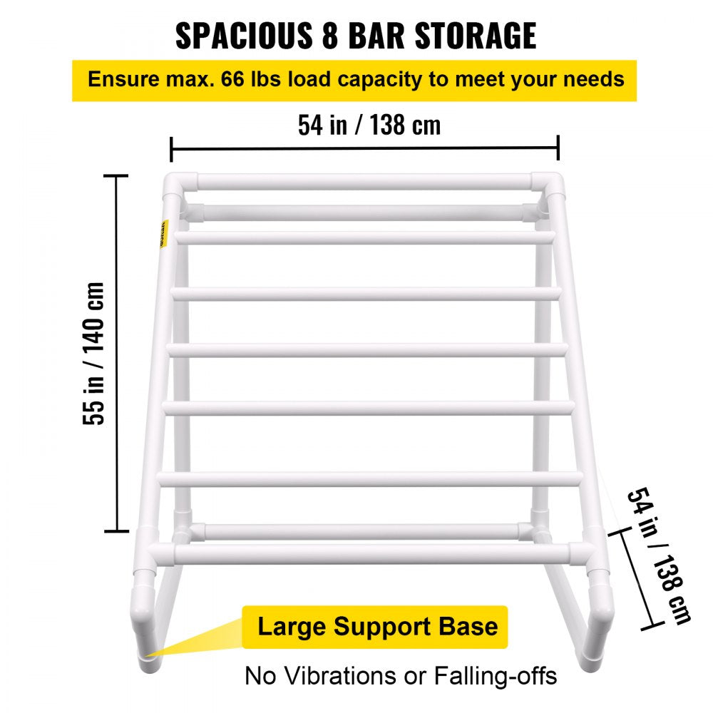White triangular 8-bar PVC pool towel rack with 66 lb capacity and 54-inch base.