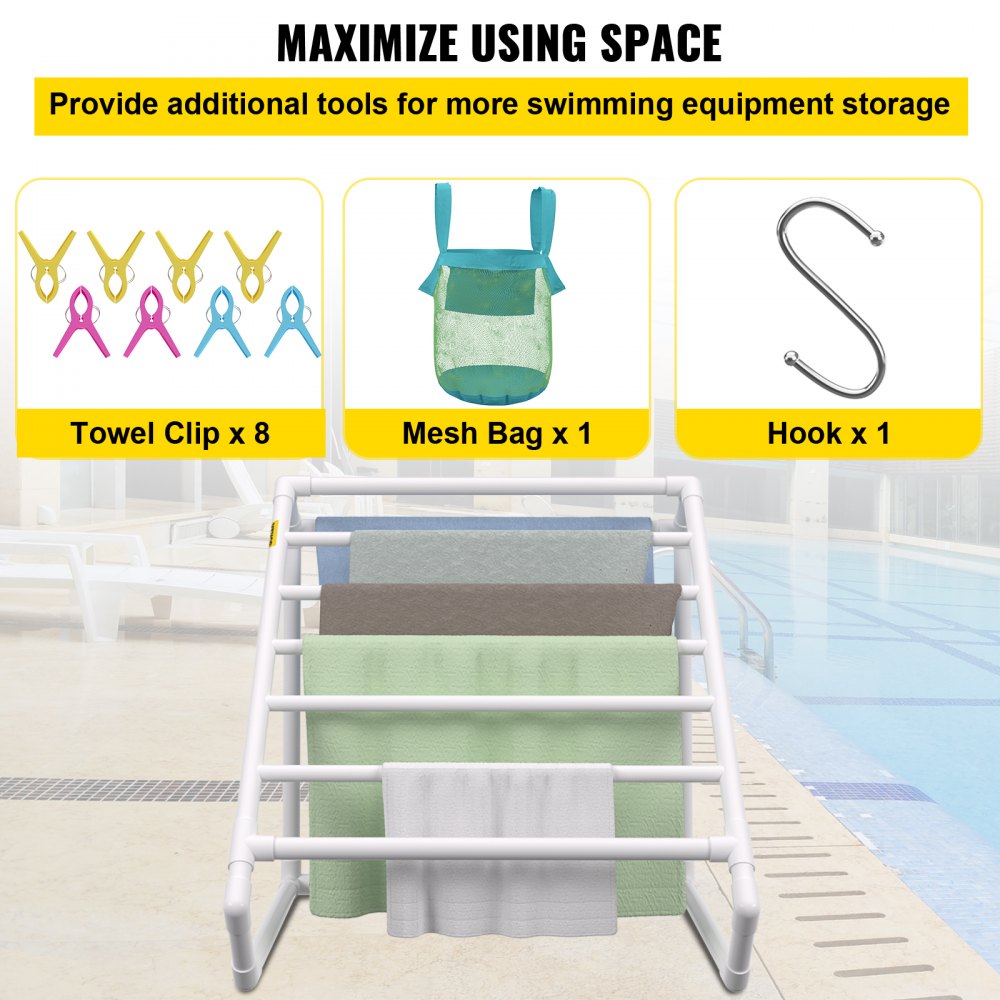 White triangular PVC pool towel rack with 8 bars, mesh bag, hook, and 8 towel clips.