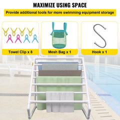 White triangular PVC pool towel rack with 8 bars, mesh bag, hook, and 8 towel clips.