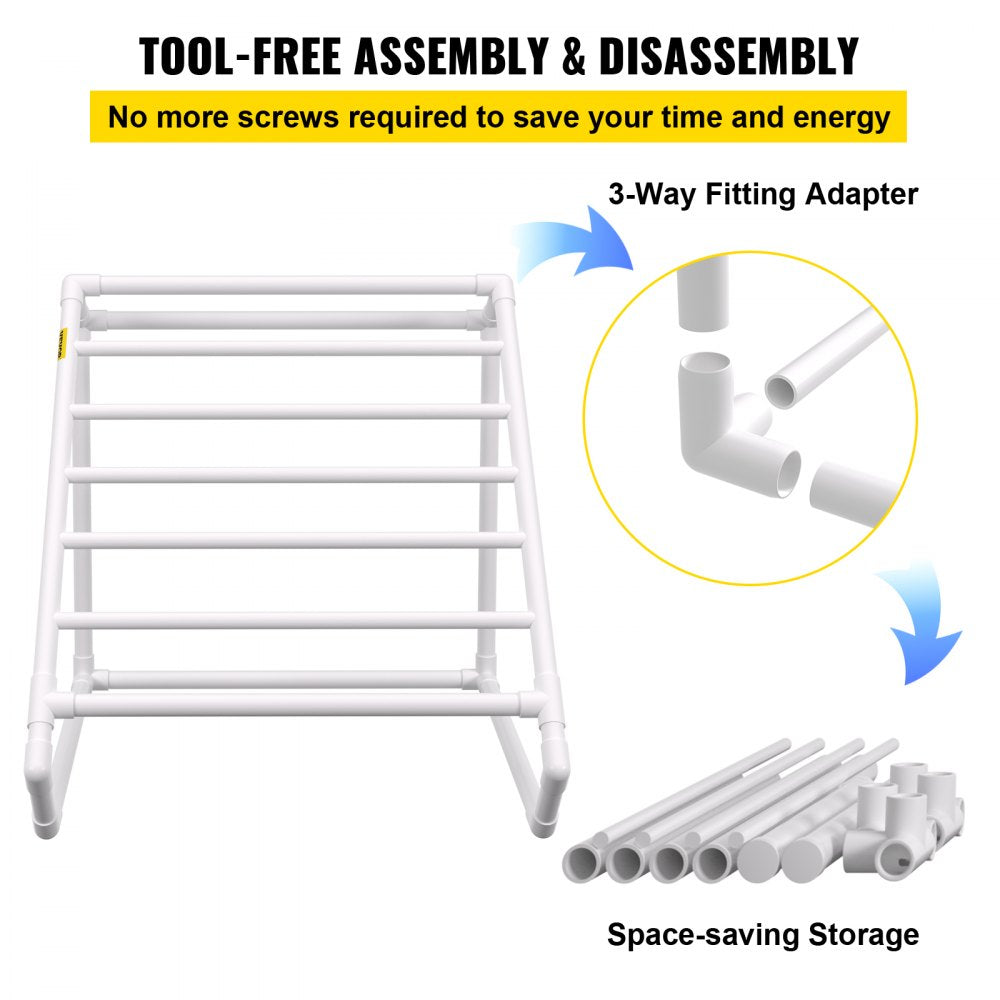 White PVC triangular pool towel rack with 8 bars and tool-free assembly.