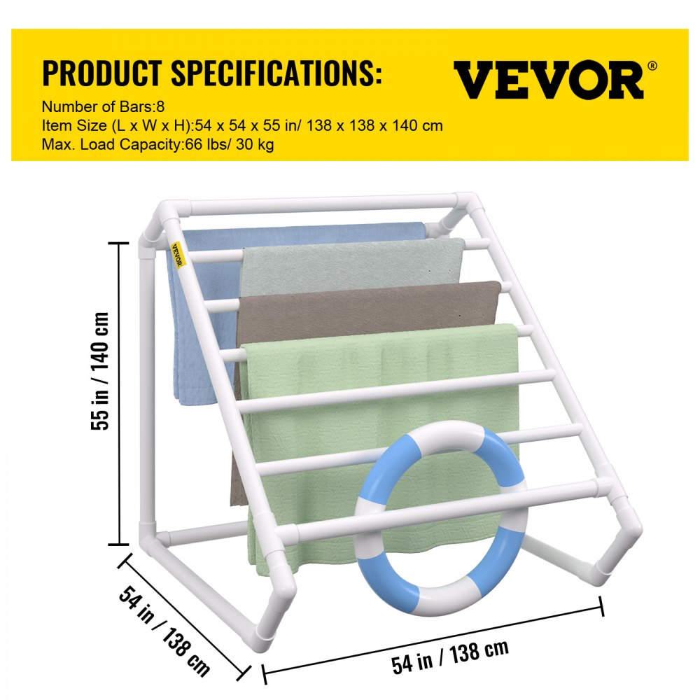 White triangular PVC towel rack with 8 bars, measuring 54 by 55 inches, for poolside use.