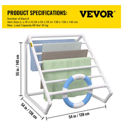 White triangular PVC towel rack with 8 bars, measuring 54 by 55 inches, for poolside use.