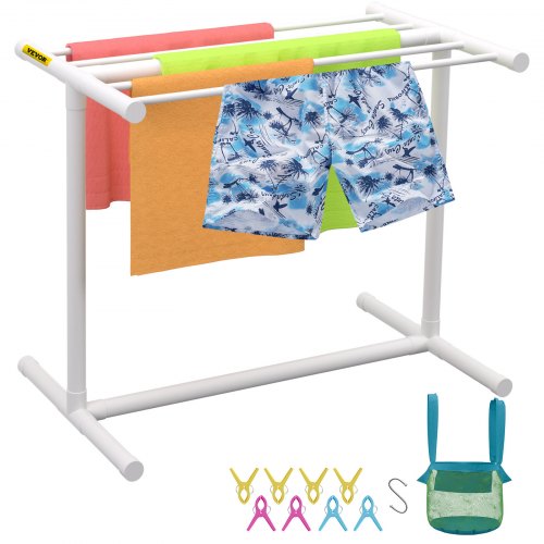 White freestanding pool towel rack with five bars and sturdy base for outdoor organization.