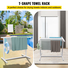 White freestanding pool towel rack with five bars and sturdy base for outdoor organization.