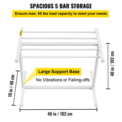 White freestanding pool towel rack with five bars and sturdy base for outdoor organization.