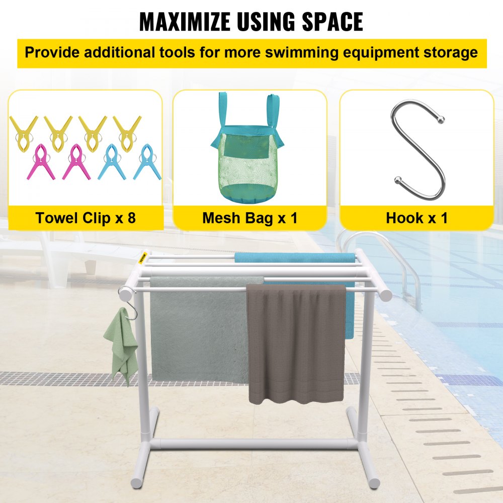 Freestanding white PVC towel rack with five bars and sturdy base for outdoor use.