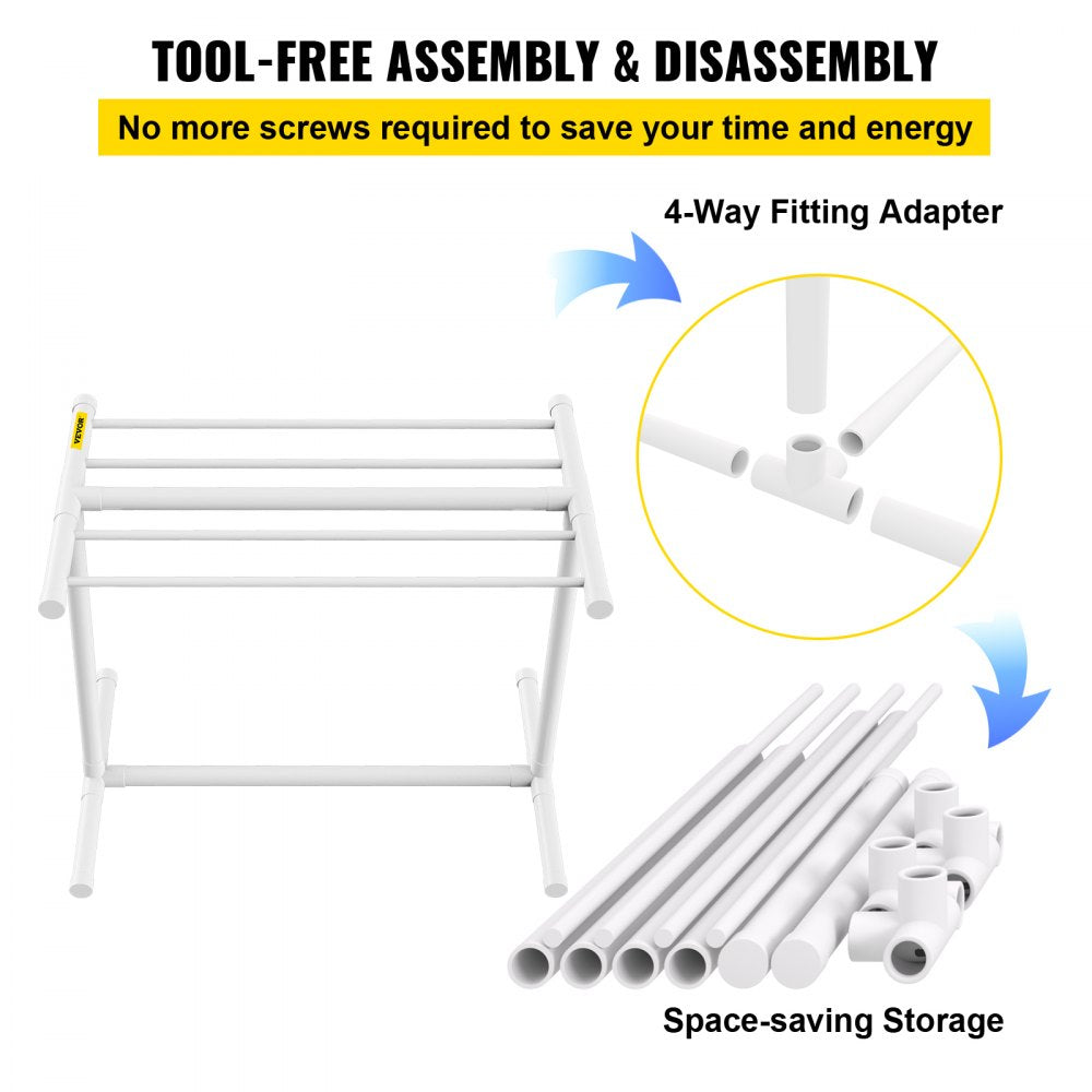 White PVC freestanding pool towel rack with five bars and sturdy base for outdoor use.