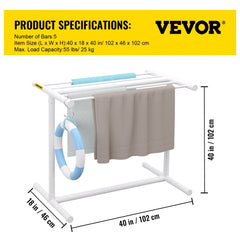 White freestanding pool towel rack with five bars and sturdy base for outdoor organization.