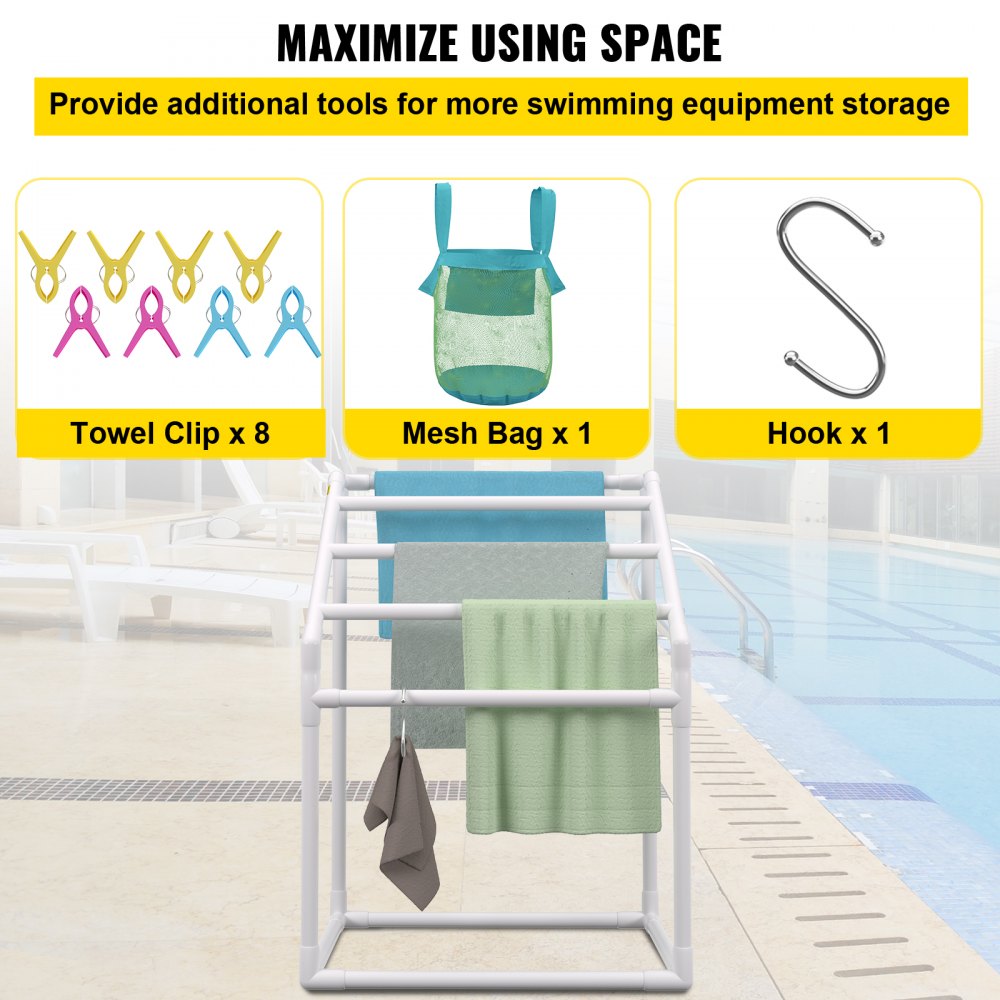 Pool Towel Rack, 5 Bar, White, Freestanding Outdoor PVC Trapedozal Poolside Storage Organizer, Include 8 Towel Clips, Mesh Bag, Hook, Also Stores Floats and Paddles, for Beach, Swimming Pool