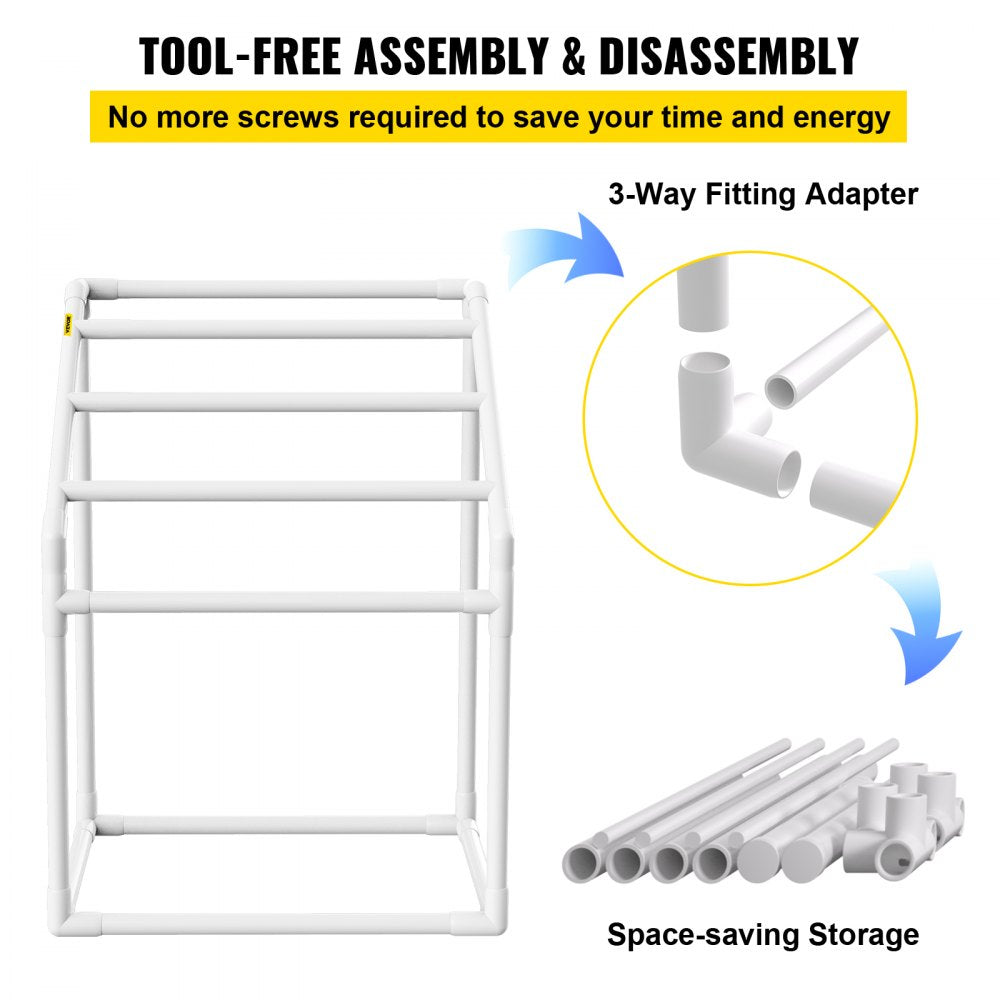 Pool Towel Rack, 5 Bar, White, Freestanding Outdoor PVC Trapedozal Poolside Storage Organizer, Include 8 Towel Clips, Mesh Bag, Hook, Also Stores Floats and Paddles, for Beach, Swimming Pool