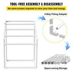 Pool Towel Rack, 5 Bar, White, Freestanding Outdoor PVC Trapedozal Poolside Storage Organizer, Include 8 Towel Clips, Mesh Bag, Hook, Also Stores Floats and Paddles, for Beach, Swimming Pool
