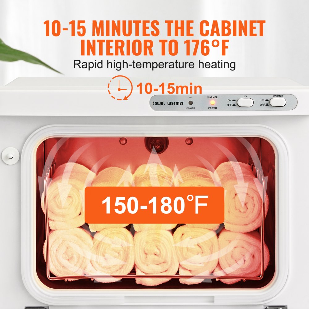 Bostome 8L hot towel warmer cabinet with stainless steel racks and integrated UV light.
