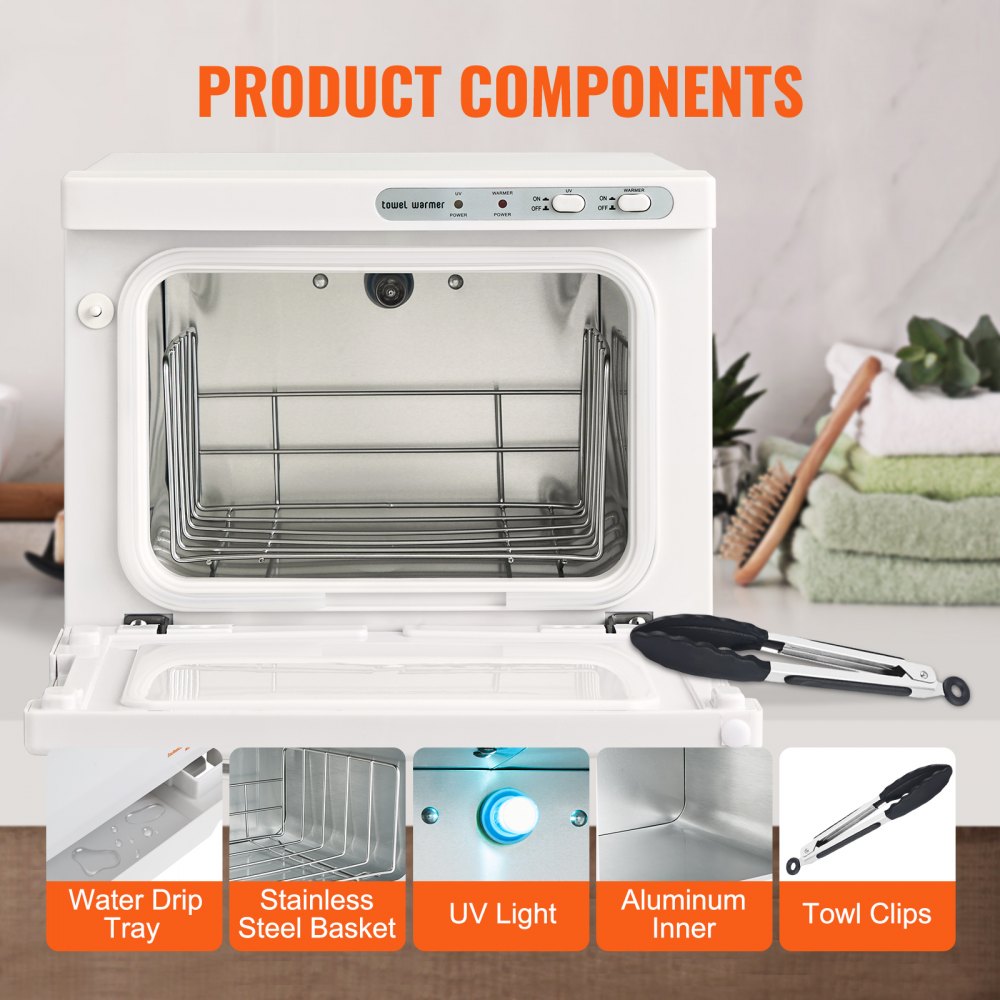 Bostome 8L hot towel warmer cabinet with stainless steel racks and integrated UV light.