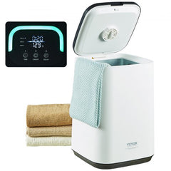 White Bostome 20L towel warmer bucket with open lid, LED display, and towels draped on side.
