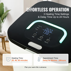 Black 20L towel warmer bucket with LED display, timer controls, and child lock on front panel.