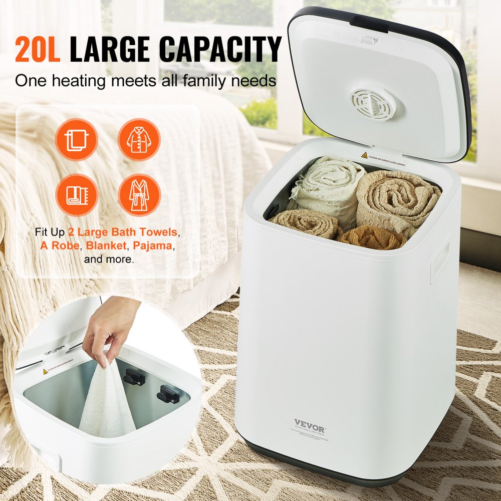 White 20L Bostome towel warmer bucket with open lid, holding folded towels, and LED display.