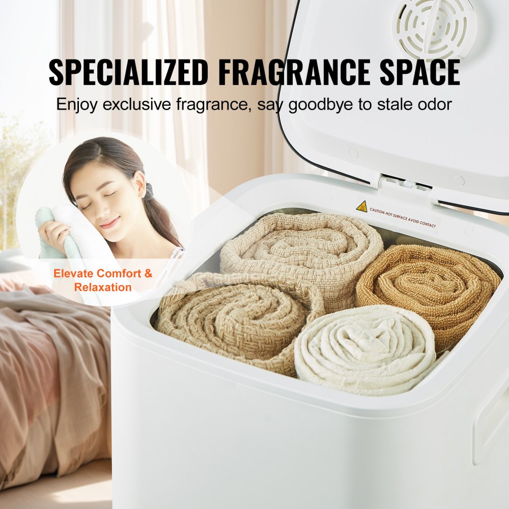 White Bostome 20L towel warmer bucket with open lid, displaying folded towels inside, LED display, timer, and child lock features.