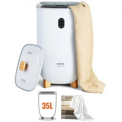 White 35L Bostome towel warmer bucket with LED screen, timer, lid, and towels.