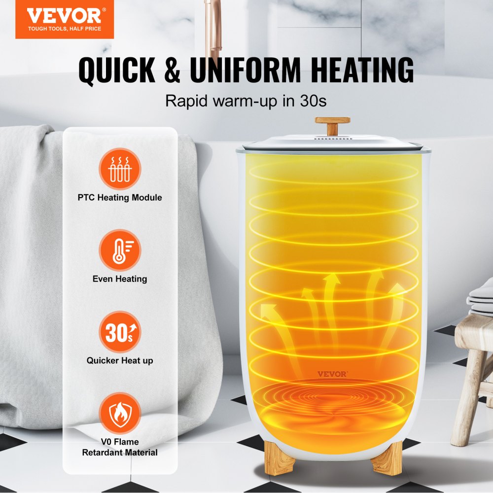 White Bostome 35L towel warmer bucket with LED screen and timer, showing heating process.
