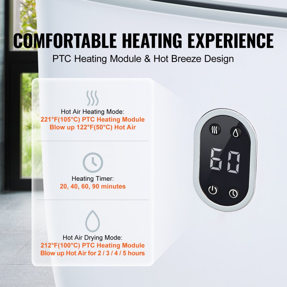 White 35L towel warmer bucket with LED screen, timer, and PTC heating module display.