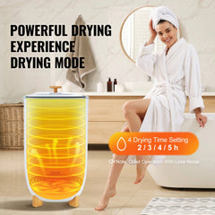 White 35L towel warmer bucket with wooden base, LED screen, timer, and a woman in a robe nearby.