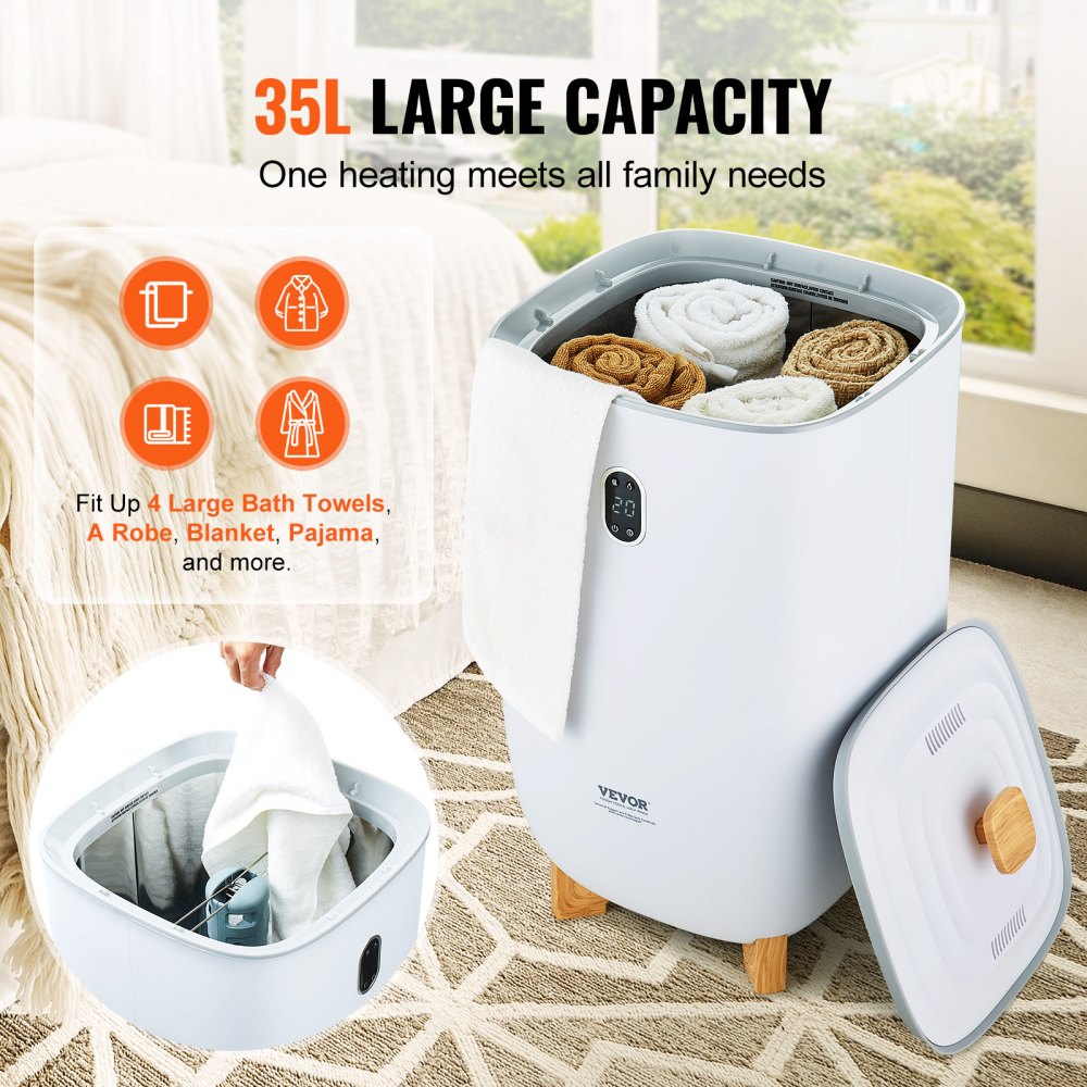 White 35L Bostome towel warmer bucket with LED screen, timer, and wooden legs.