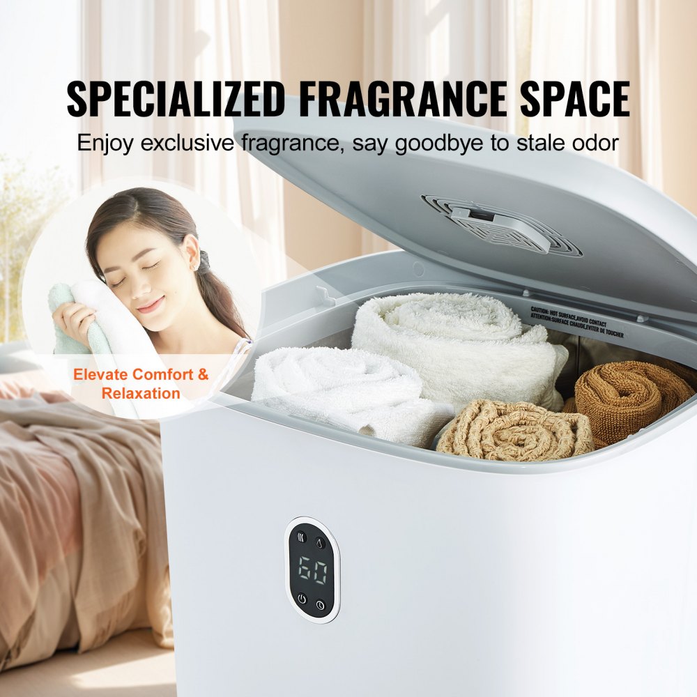 White 35L towel warmer bucket with open lid showing stacked towels inside, LED screen displaying 60, and a relaxed woman nearby.