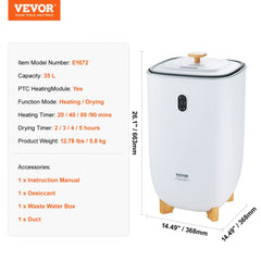 White 35L Bostome towel warmer bucket with wooden lid, LED screen, timer, and dimensions.