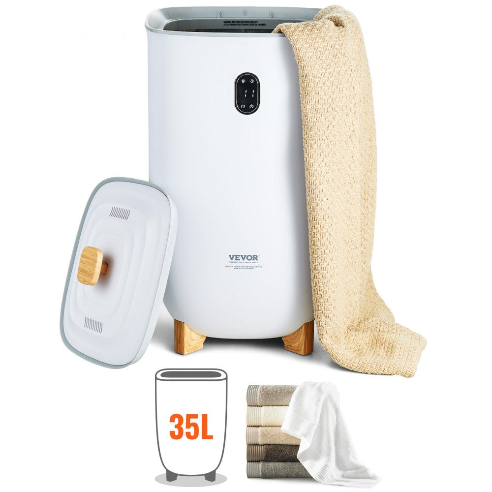 White 35L Bostome towel warmer bucket with LED screen, timer, lid, and stacked towels.