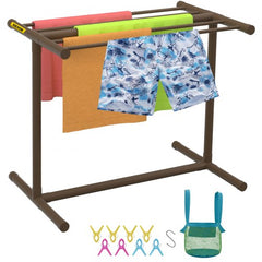 Brown PVC freestanding pool towel rack with five bars for organizing towels and swim gear.
