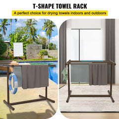 Brown freestanding PVC towel rack with five bars for organizing poolside essentials.