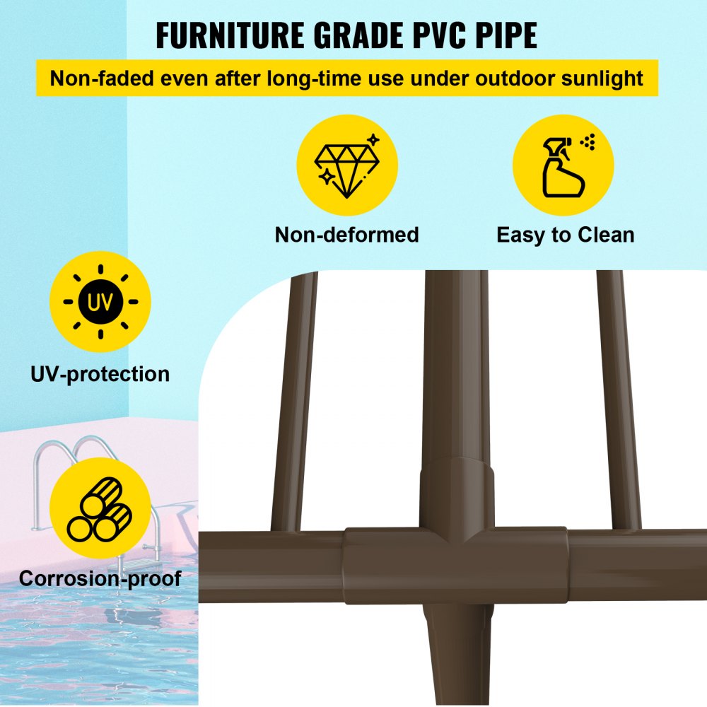 Freestanding brown PVC towel rack with five bars for organizing pool towels and gear.