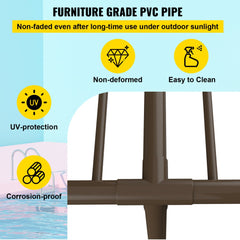 Freestanding brown PVC towel rack with five bars for organizing pool towels and gear.