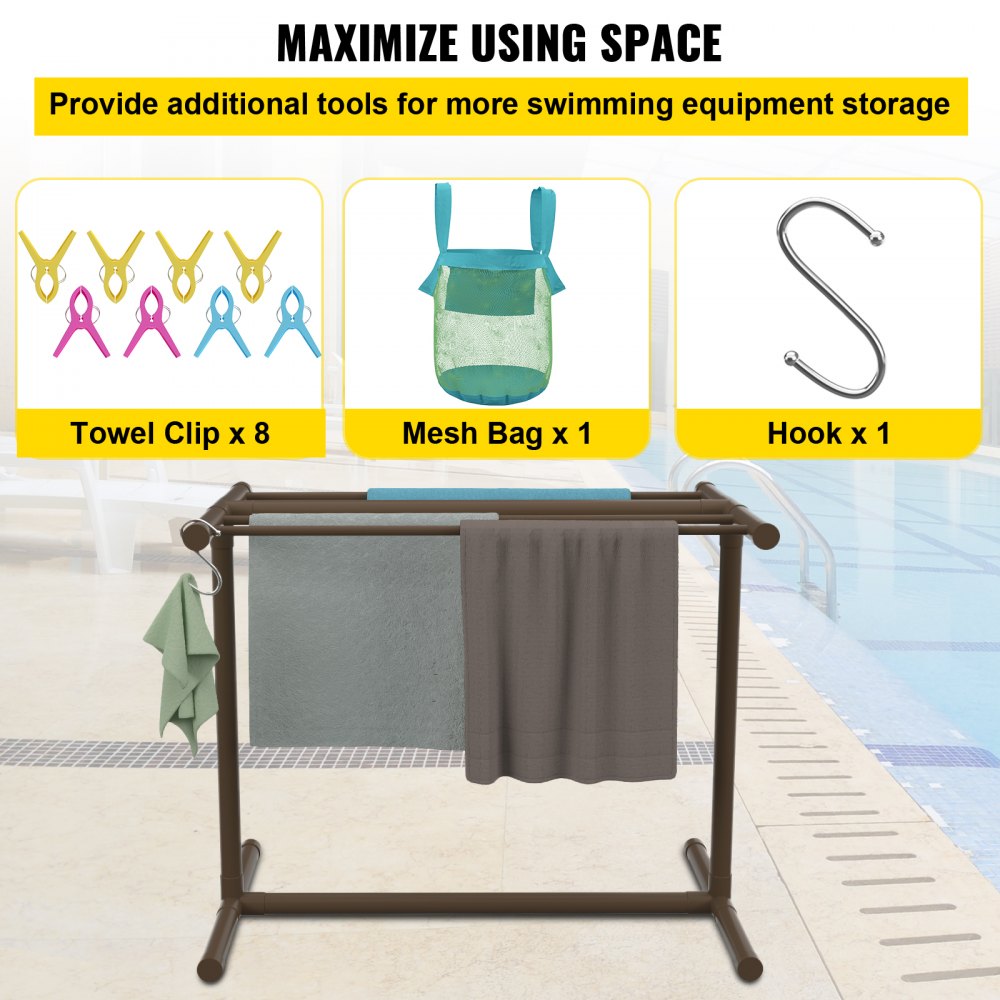 Brown freestanding PVC towel rack with five bars for organizing pool towels and gear.