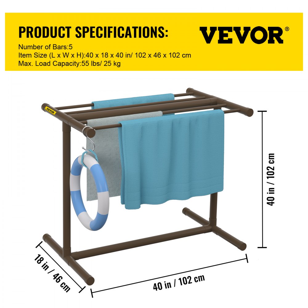 Brown freestanding PVC towel rack with five bars for organizing pool towels and gear.