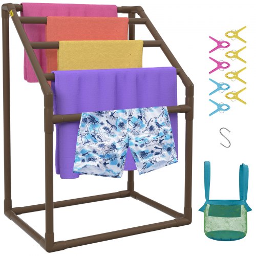 Brown PVC freestanding towel rack with 5 bars holding colorful towels, shorts, clips, hook, and mesh bag.