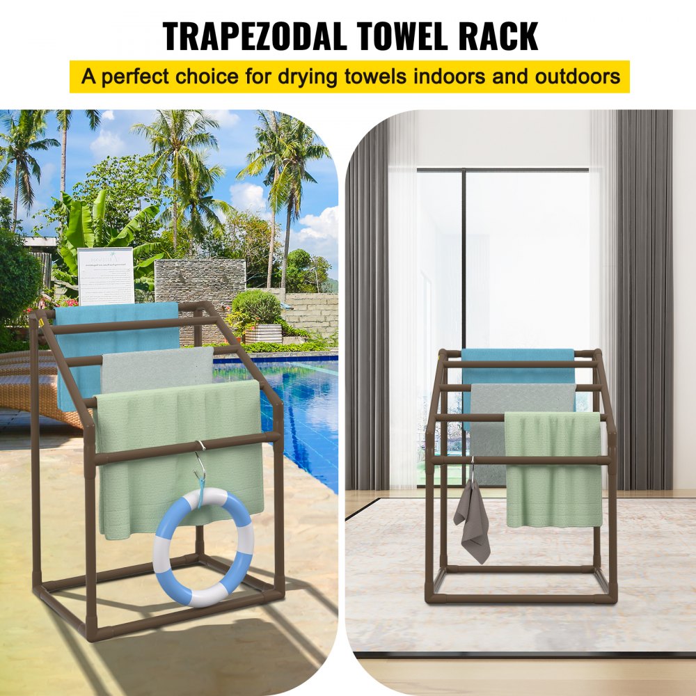Brown 5-bar PVC freestanding towel rack holding towels by a pool and indoors.