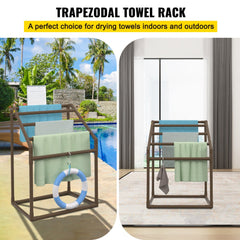 Brown 5-bar PVC freestanding towel rack holding towels by a pool and indoors.