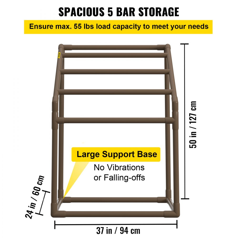 Brown PVC 5-bar freestanding towel rack with 55 lb capacity and stable base.