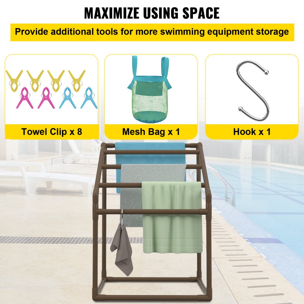 Brown 5-bar PVC freestanding pool towel rack with 8 towel clips, 1 mesh bag, and 1 hook.