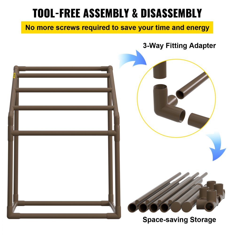 Brown 5-bar PVC freestanding pool towel rack with tool-free assembly and 3-way fitting adapter.