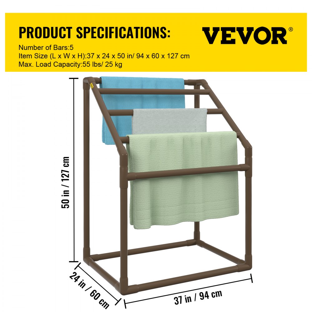 Brown 5-bar PVC freestanding towel rack with draped towels, 55 lb capacity.