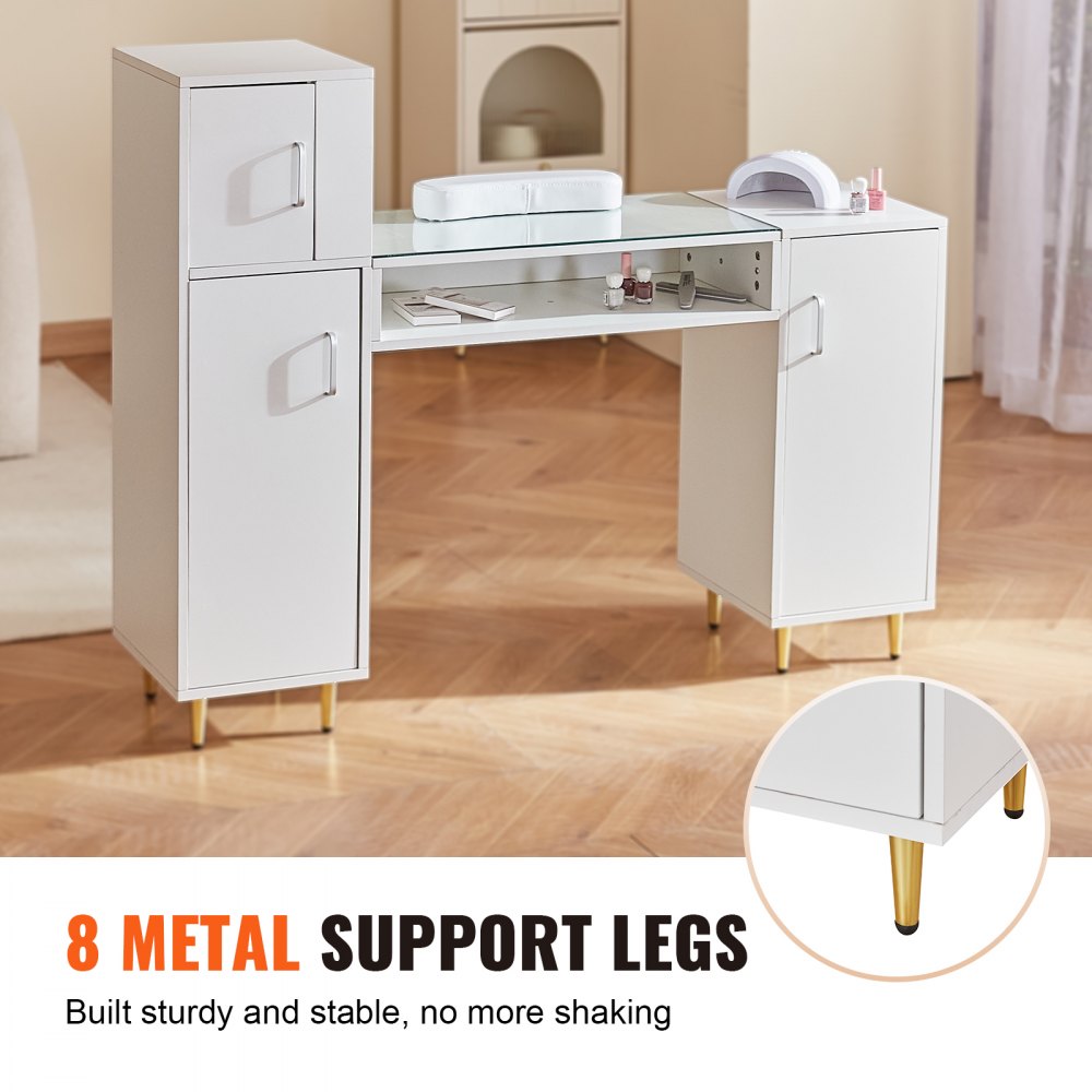 Manicure Table, Glass Top Nail Desk, Makeup Dressing Nail Station with Storage Cabinets, Acetone-Resistant Nail Tech Table for Beauty Salon Spa Workstation with 8 Metal Legs, Wrist Rest, White