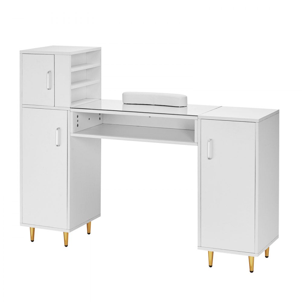 Manicure Table, Glass Top Nail Desk, Makeup Dressing Nail Station with Storage Cabinets, Acetone-Resistant Nail Tech Table for Beauty Salon Spa Workstation with 8 Metal Legs, Wrist Rest, White