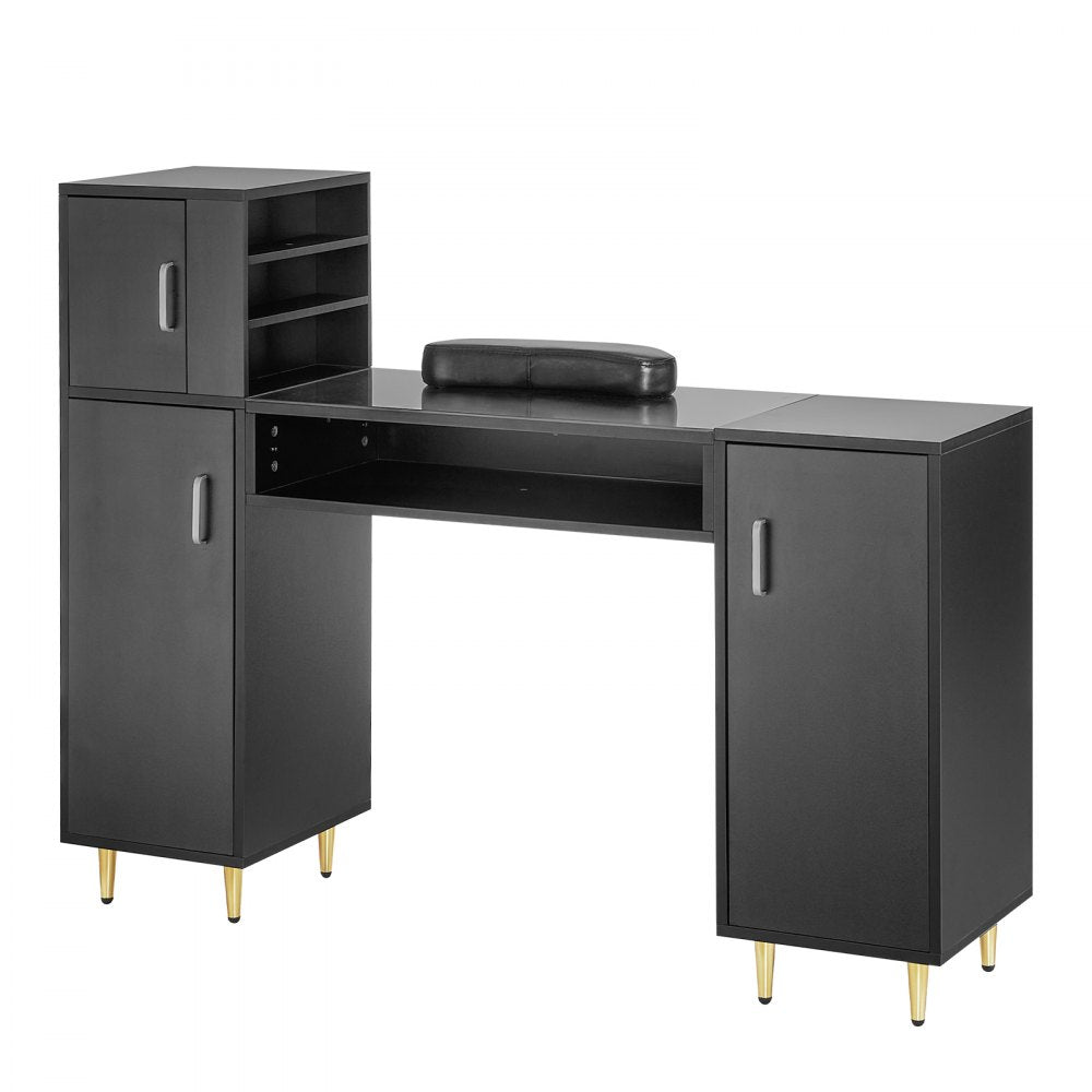 Manicure Table, Glass Top Nail Desk, Makeup Dressing Nail Station with Storage Cabinets, Acetone-Resistant Nail Tech Table for Spa Beauty Salon Workstation with Wrist Rest, 8 Metal Legs, Black